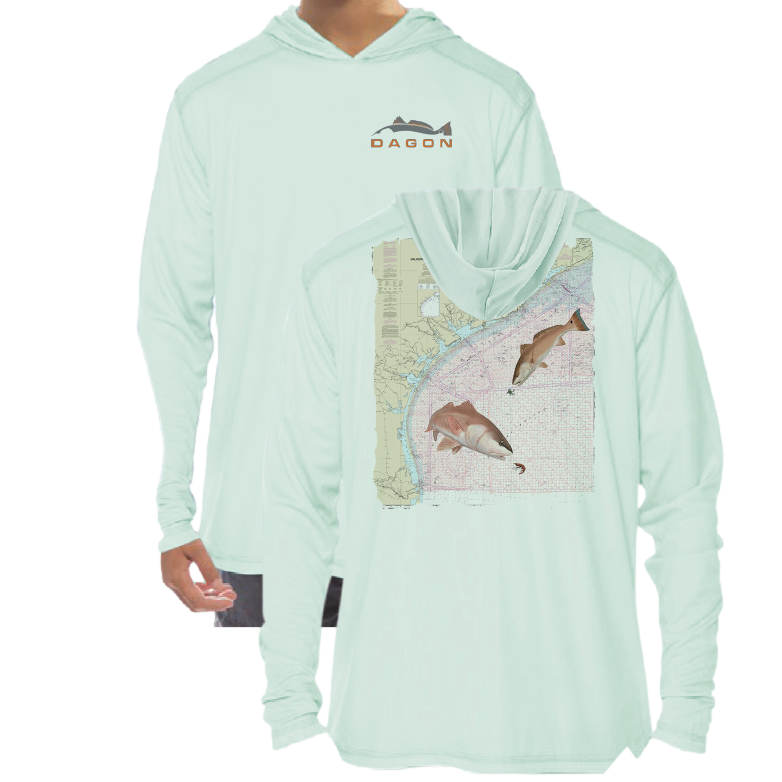 Mint green youth hoodie with redfish and Texas coast map