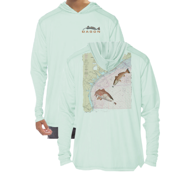 Mint green youth hoodie with redfish and Texas coast map