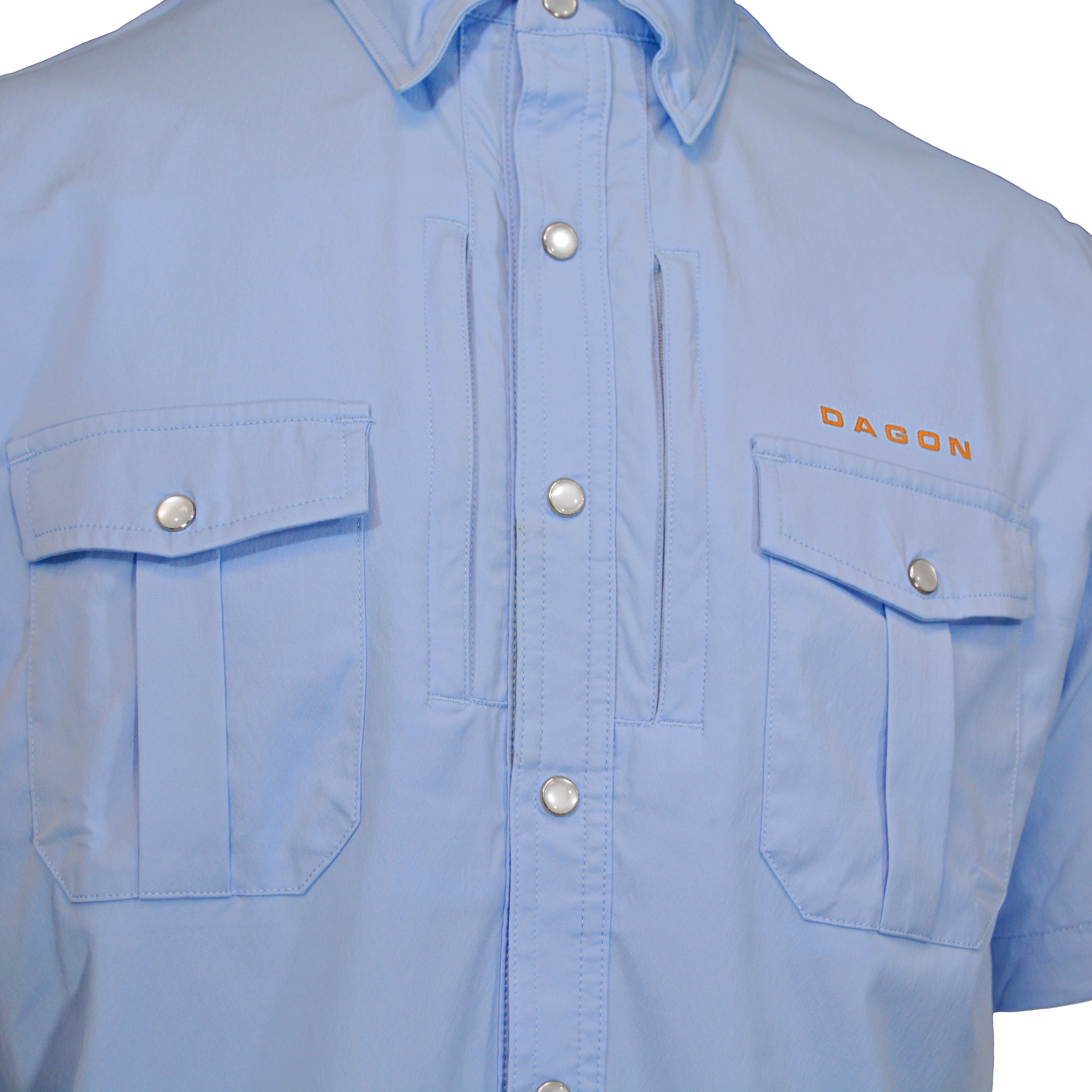 snap buttons on blue shirt