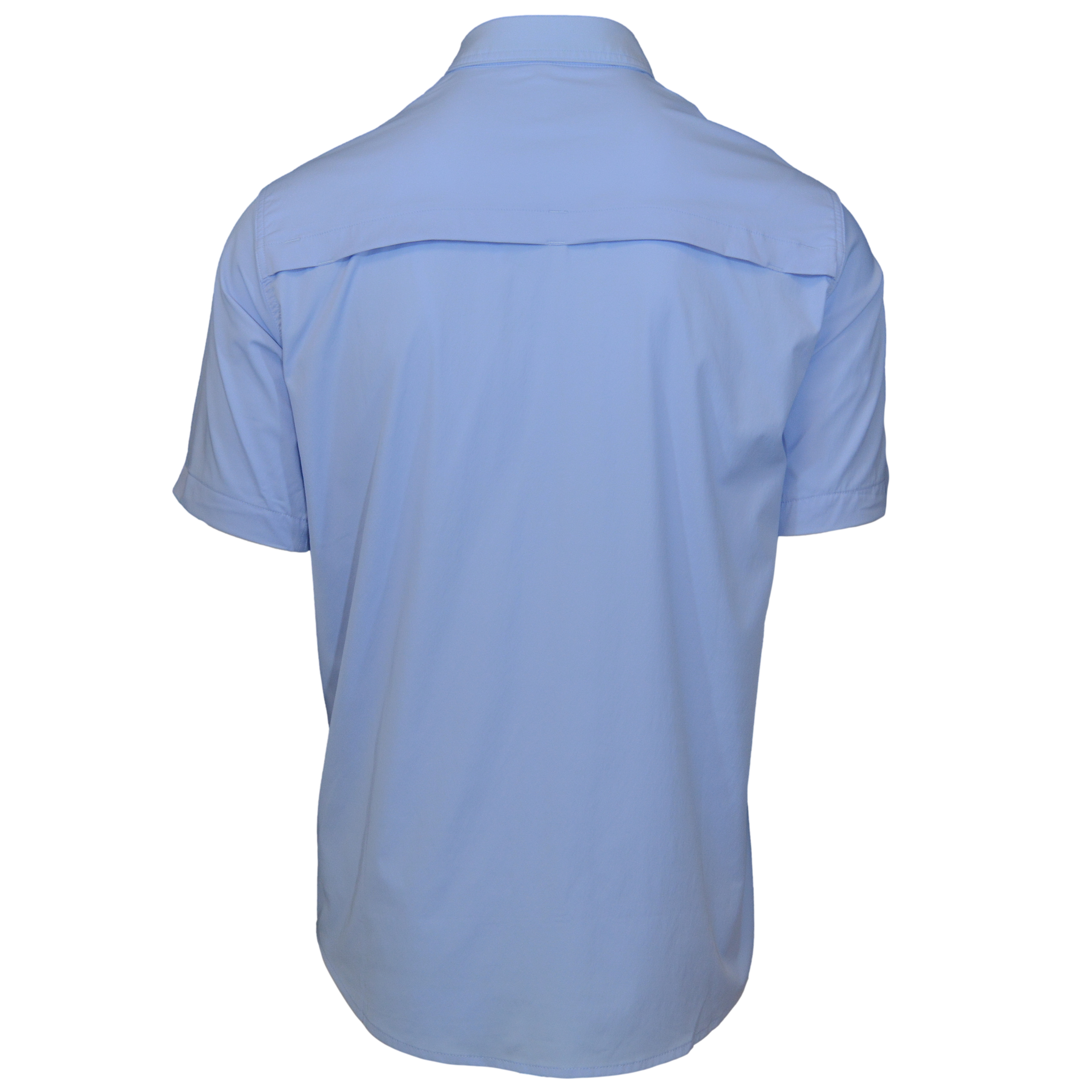 back side of ocean blue short sleeve shirt 