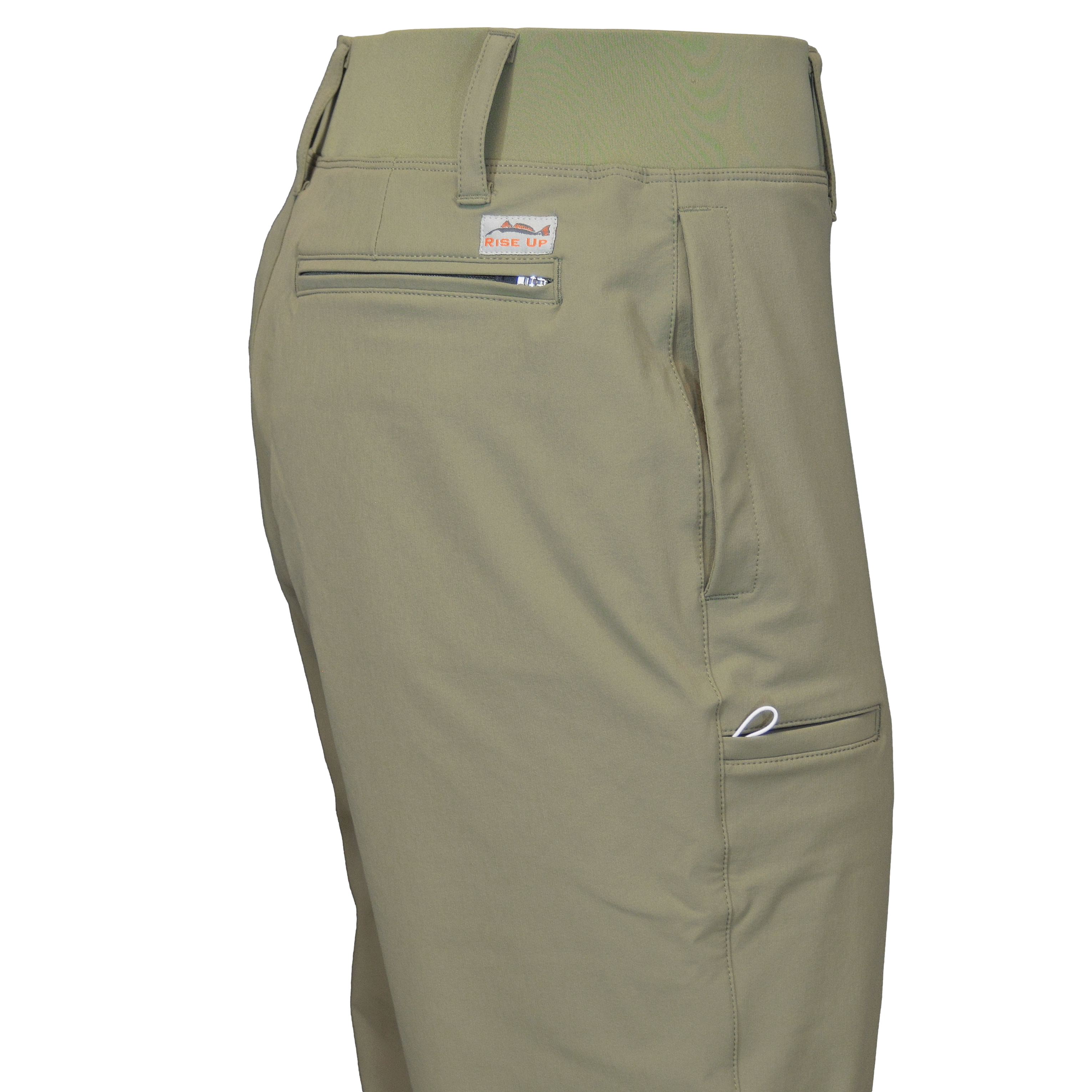green fishing pants with zipper pockets