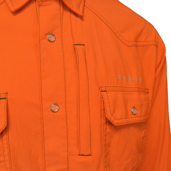 Close view of pockets and snap button on Orange hunting shirt