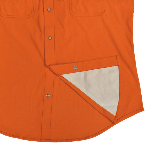 inner view and and snap buttons of orange shirt
