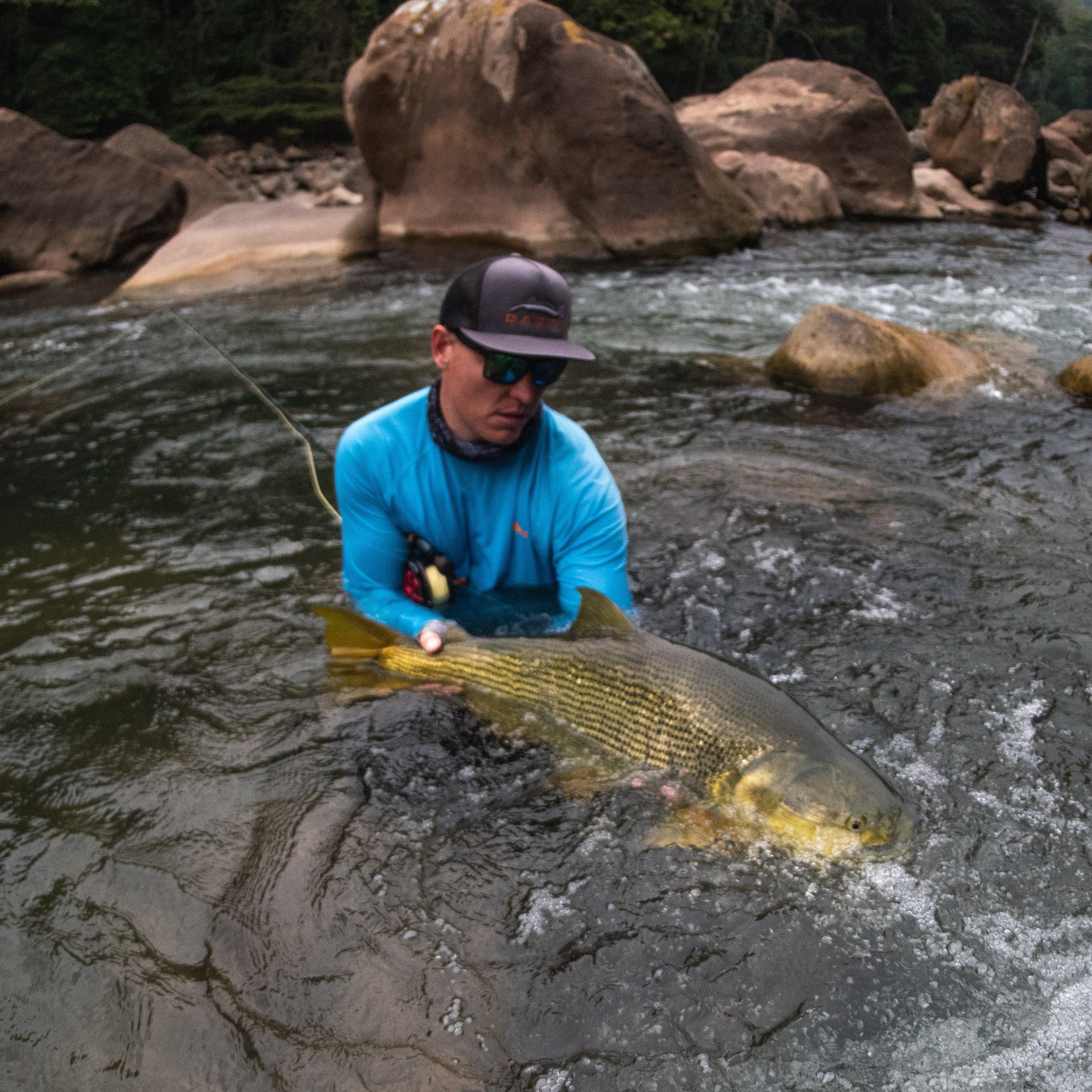 Angler with flat bill hat and blue sun shirt is catching a fish
