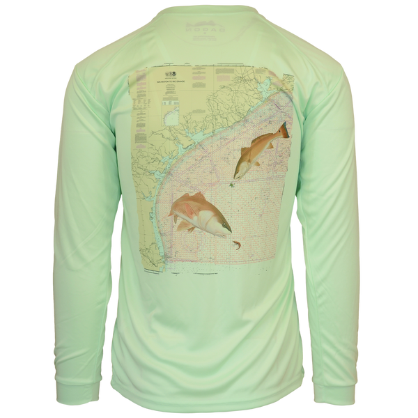 green sun shirt with redfish and Texas coast map design 