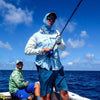 Men on boat for fishing with fishing apparels and gear.